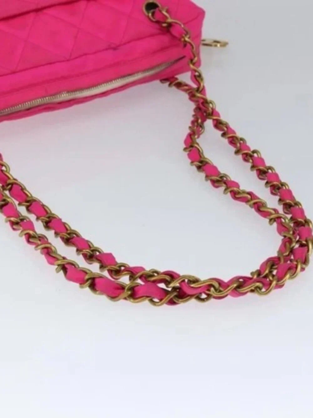 CHANEL Matelasse Chain Shoulder Bag Nylon Pink Gold CC Auth 149222